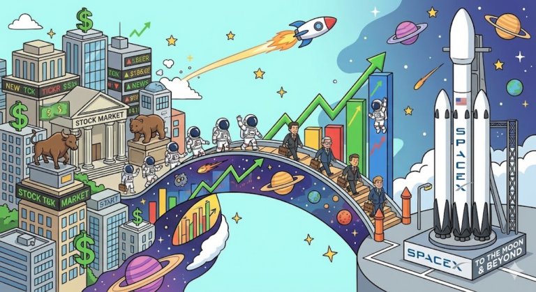 XOVR : 주식 시장과 스페이스X 로켓을 연결하는 다리를 형상화한 일러스트