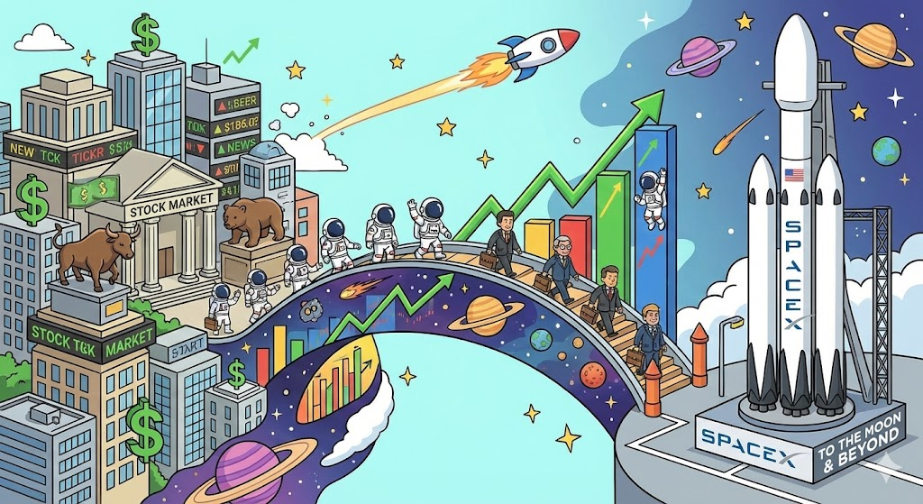 XOVR : 주식 시장과 스페이스X 로켓을 연결하는 다리를 형상화한 일러스트