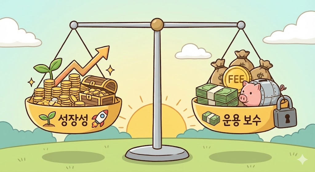 성장성과 운용 보수 사이의 균형을 보여주는 저울 일러스트