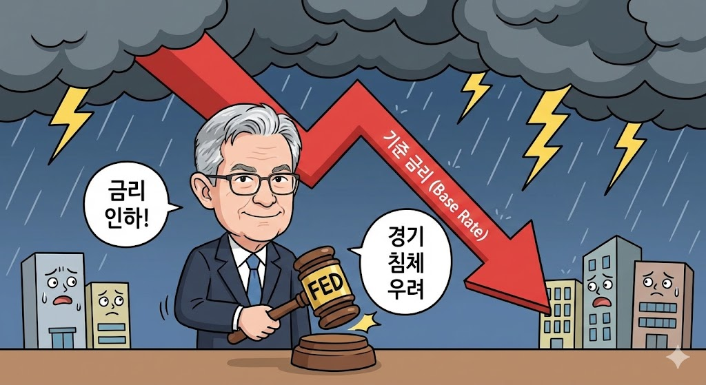 2025년 12월 FOMC : 연준 의사봉과 내려가는 금리 그래프, 그러나 배경에는 먹구름이 낀 일러스트