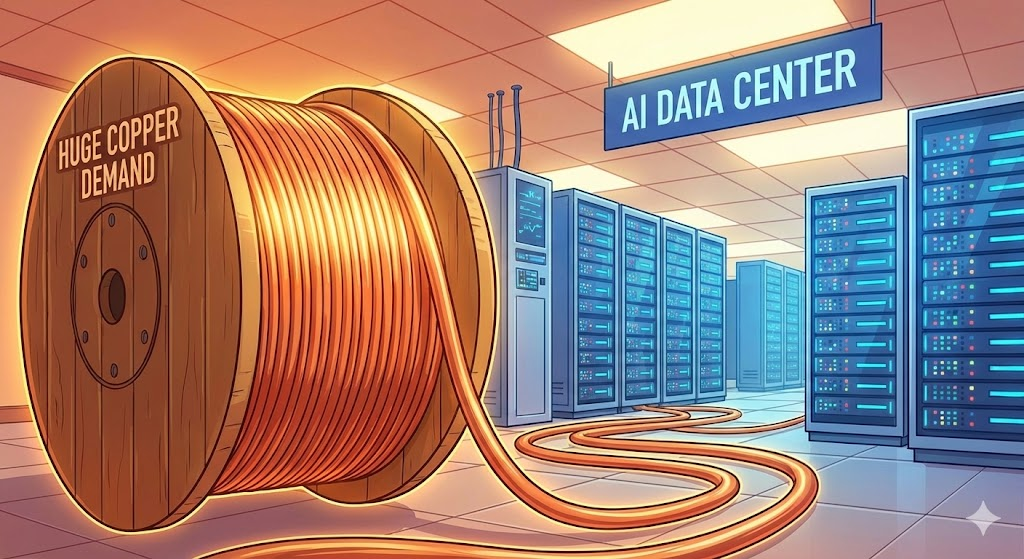구리 투자 : AI 데이터센터 서버실과 연결된 거대한 구리 전선 코일 일러스트