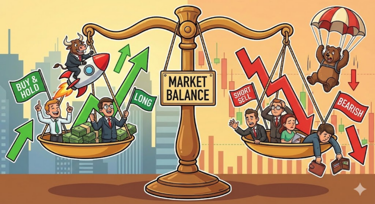 롱숏 에쿼티 : 상승하는 주식 매수와 하락하는 주식 공매도의 균형을 맞추는 저울 일러스트