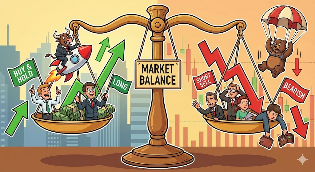 롱숏 에쿼티 : 상승하는 주식 매수와 하락하는 주식 공매도의 균형을 맞추는 저울 일러스트 