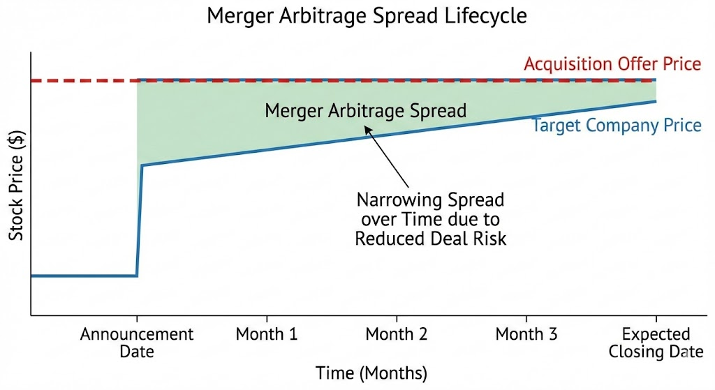 합병차익거래 : 인수 발표 후 피인수기업 주가 급등과 인수가와의 괴리가 시간이 지남에 따라 좁혀지는 차트