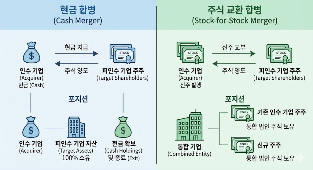현금 합병과 주식 교환 합병의 자금 흐름과 포지션을 비교하는 인포그래픽