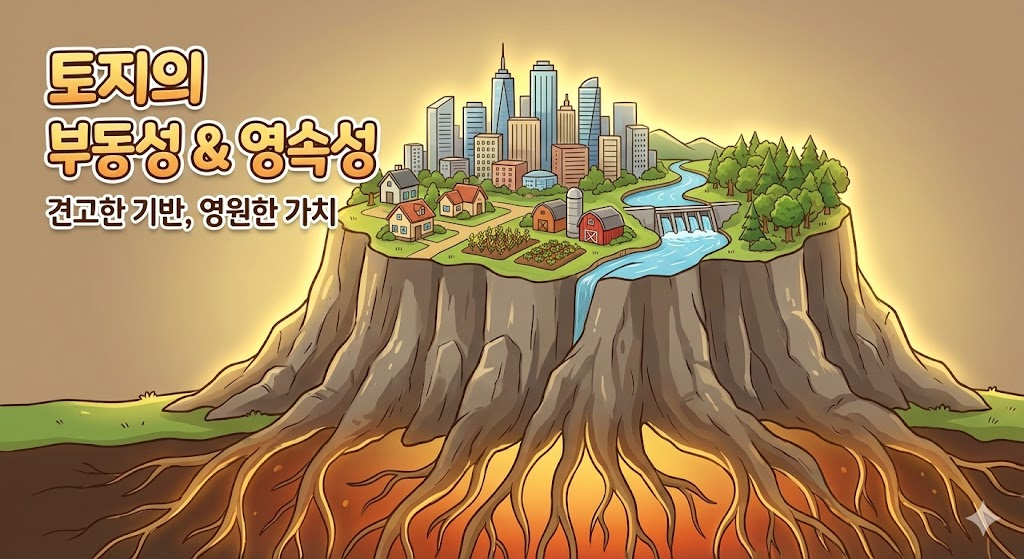 부동산 자연적 특성 : 토지의 부동성과 영속성을 상징하는 견고한 땅과 그 위에 세워진 자산 카툰 일러스트