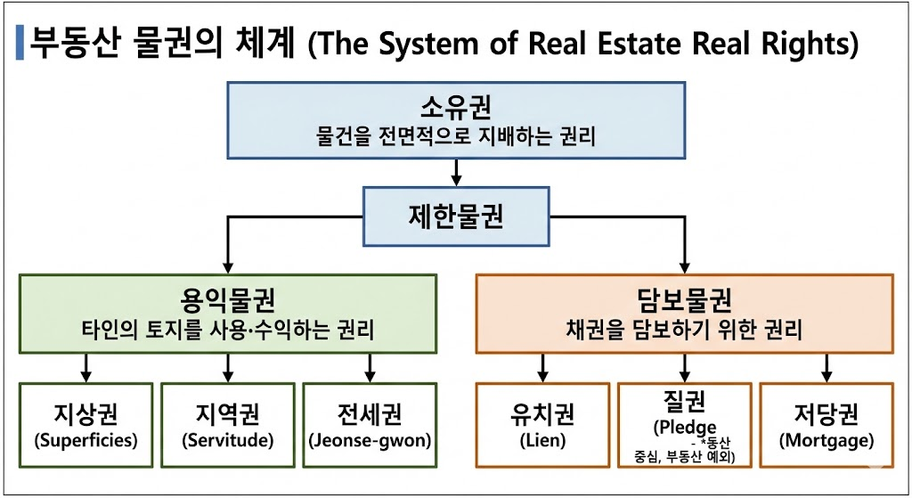 부동산 특성 및 물권 : 소유권과 제한물권의 관계를 나타내는 법률 구조 다이어그램