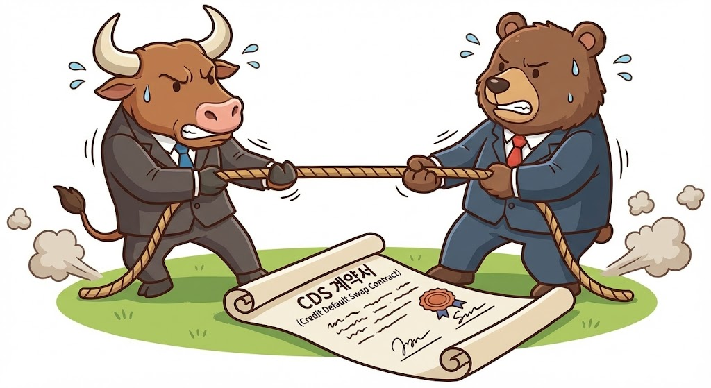황소와 곰이 서로 줄다리기를 하고 있고 그 아래에 CDS 계약서가 놓여 있는 이미지