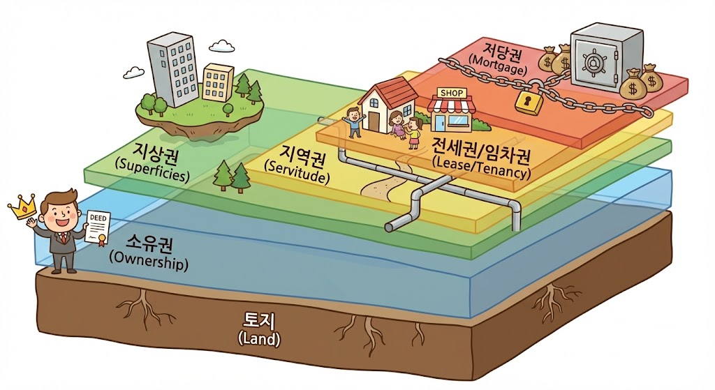 부동산 권리 : 토지 위에 설정된 다양한 권리들을 레이어 형태로 시각화한 일러스트