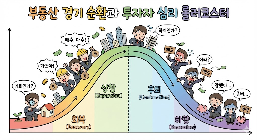 부동산 경기 순환 : 회복, 상향, 후퇴, 하향의 곡선을 보여주는 부동산 경기 순환 그래프와 투자자들의 심리 변화