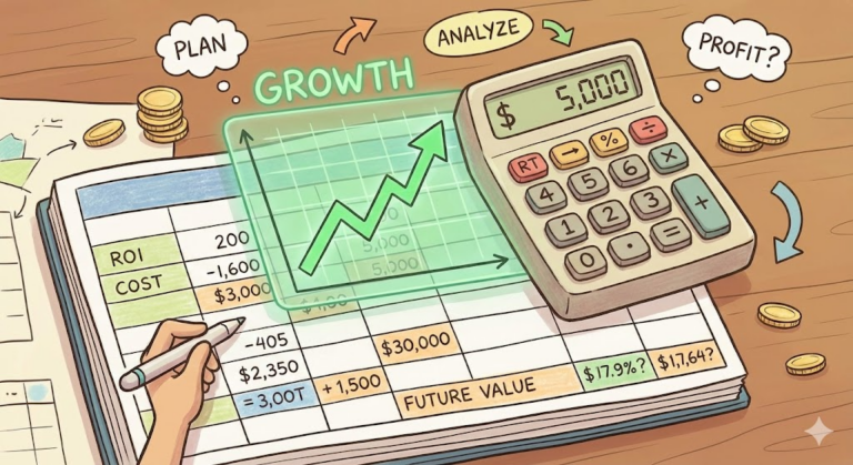 부동산 투자분석 : 계산기와 차트, 그리고 엑셀 시트가 겹쳐진 이미지로 투자 분석 과정을 표현