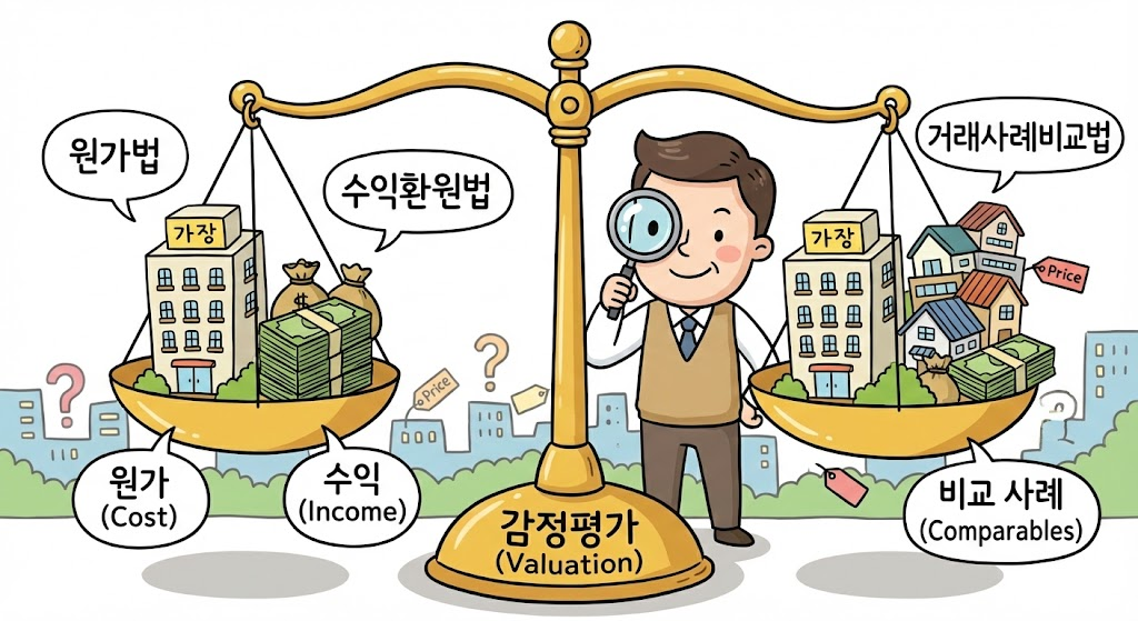 저울 위에 건물, 돈, 그리고 비교 대상을 올려놓고 가치를 측정하는 일러스트