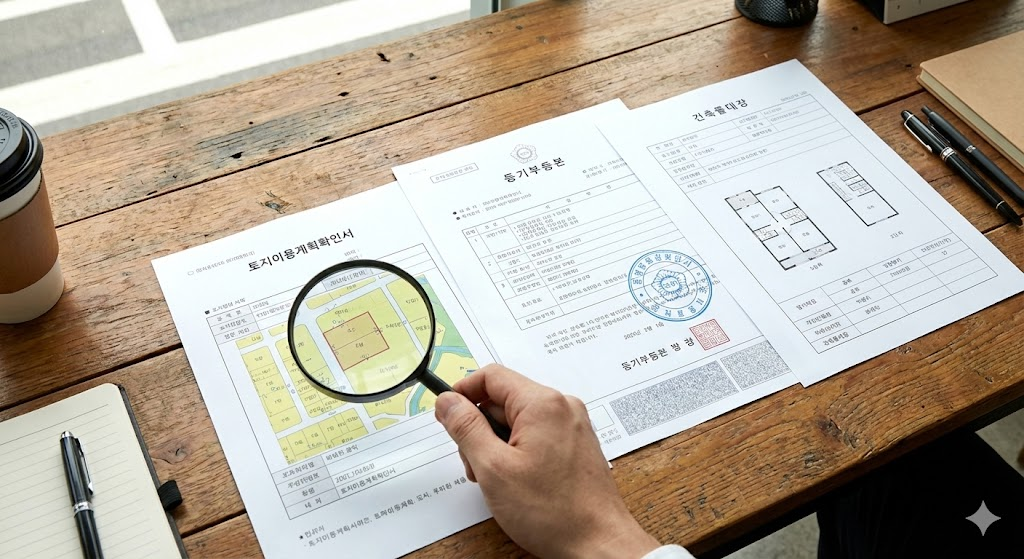 부동산 투자 실무 : 등기부등본, 건축물대장, 토지이용계획확인서가 책상 위에 펼쳐져 있고 돋보기로 검토하는 모습