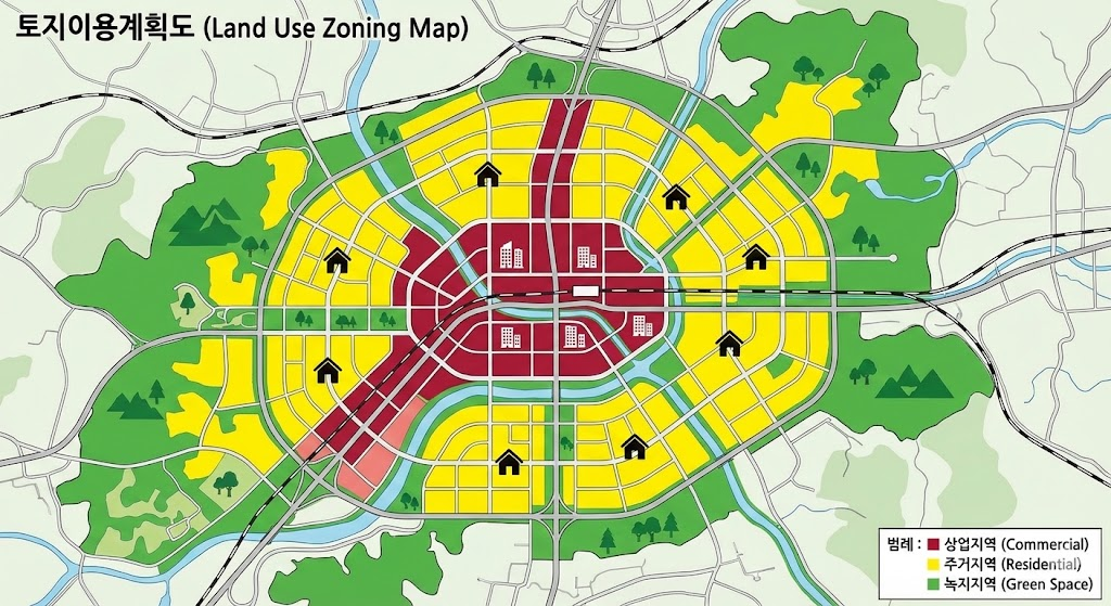 지도 위에 상업지역(빨강), 주거지역(노랑), 녹지지역(초록)이 색깔별로 구분된 토지이용계획도 이미지