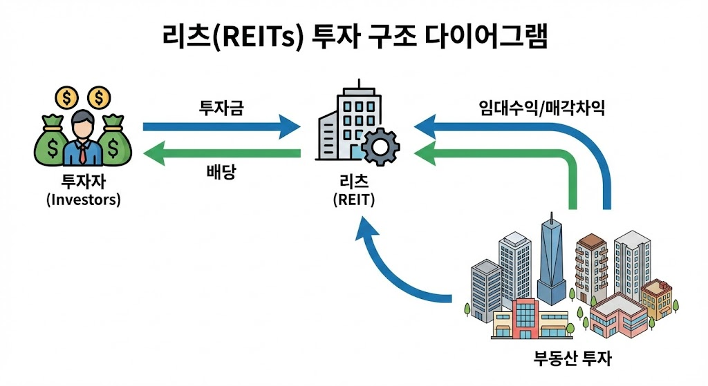부동산투자회사 : 투자자의 자금이 리츠로 모이고, 리츠가 부동산에 투자하여 수익을 배당으로 돌려주는 순환 구조 다이어그램