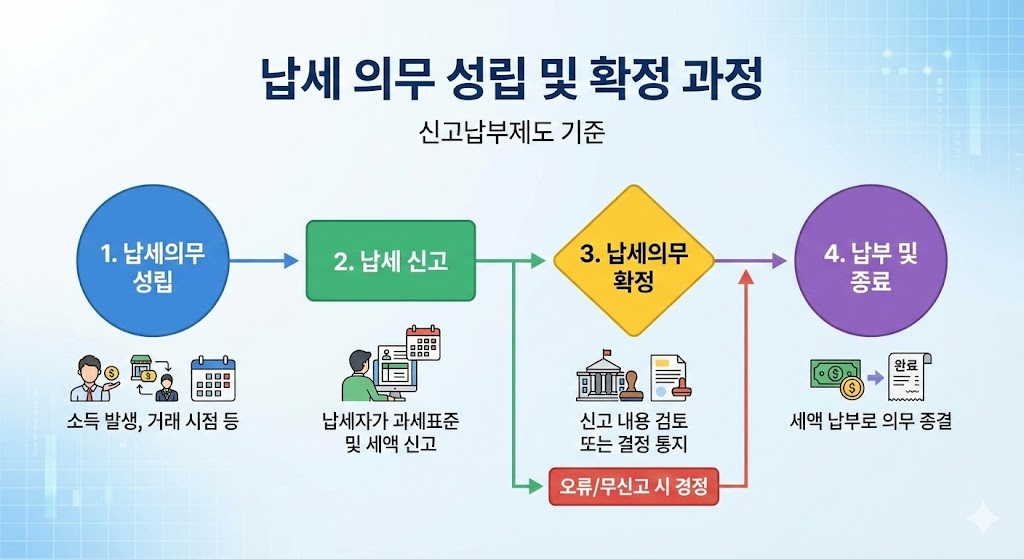 납세의무가 성립하고 신고를 통해 확정되는 과정을 보여주는 흐름도 인포그래픽