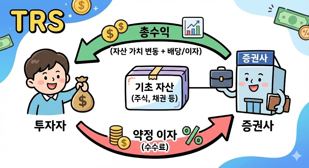 투자자와 증권사 간의 자산 수익과 이자를 교환하는 TRS 거래 흐름도 일러스트