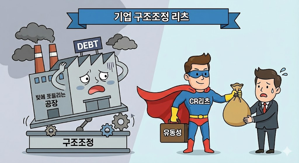빚에 쪼들리는 공장을 CR리츠가 매입하여 기업에 유동성을 공급하는 구조조정 일러스트
