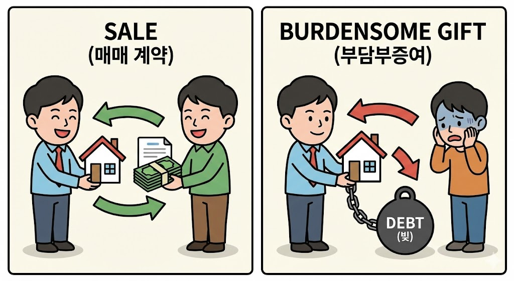 부동산 양도소득세 : 돈이 오가는 매매 계약과 빚이 넘어가는 부담부증여를 비교하는 일러스트