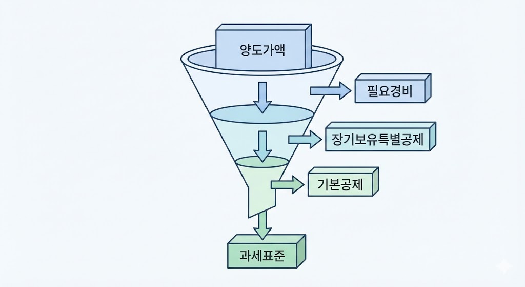양도가액에서 필요경비, 장기보유특별공제, 기본공제를 차례로 빼내어 과세표준이 나오는 깔때기 모양의 도식