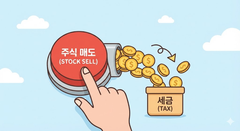 주식 매도 버튼을 누를 때 동전이 세금으로 빠져나가는 모습을 표현한 일러스트