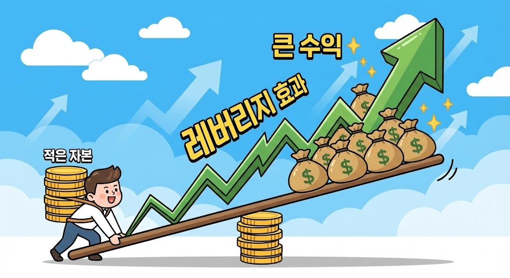 적은 자본으로 큰 수익을 창출하는 레버리지 효과를 나타낸 상승 그래프 일러스트