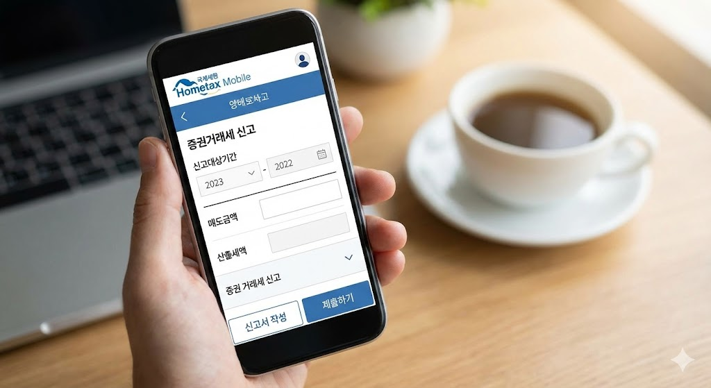 스마트폰 홈택스 앱을 통해 증권거래세를 신고하는 화면 이미지