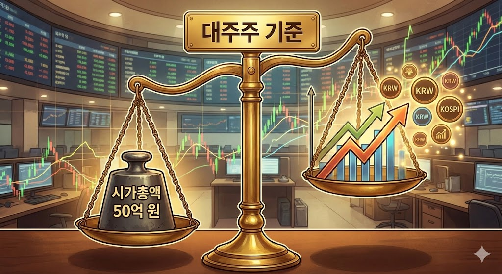 양도소득세 대주주 기준 : 시가총액 50억 원 기준을 나타내는 저울과 주식 차트 일러스트