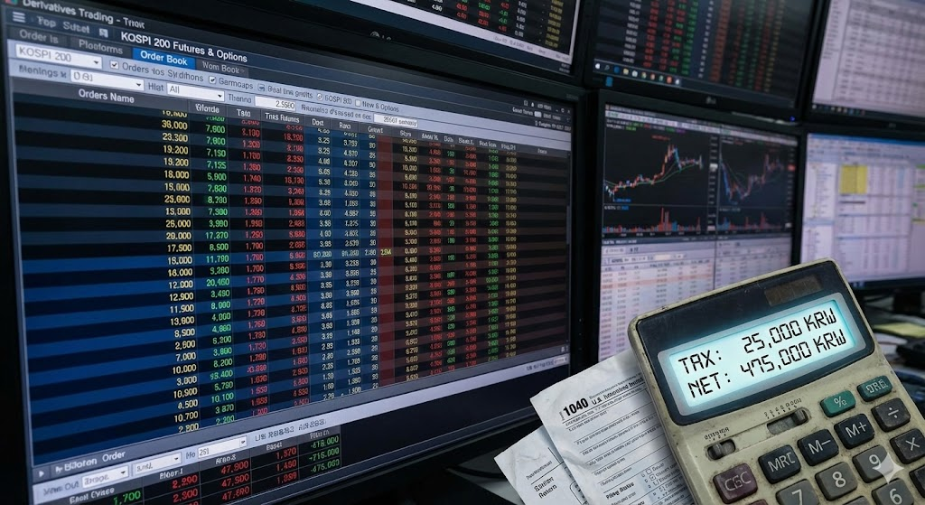 파생상품 양도소득세 : 복잡한 선물 옵션 호가창과 세금 계산기가 겹쳐진 이미지