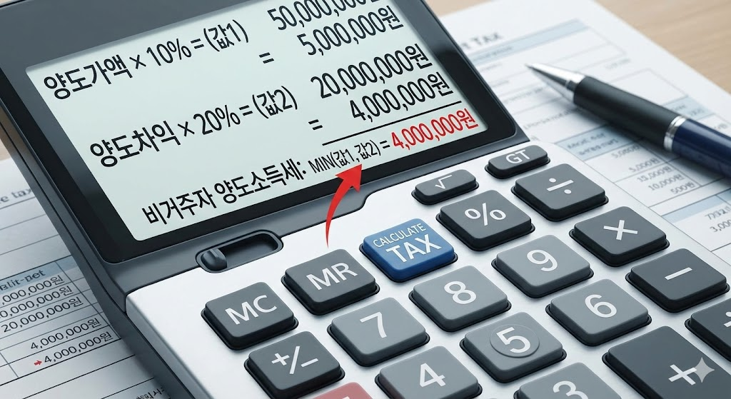 양도가액의 10%와 양도차익의 20% 중 작은 값을 선택하는 계산기 일러스트