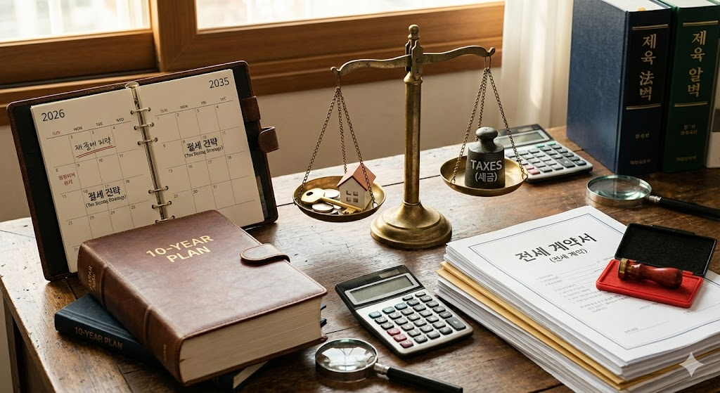 10년 달력과 저울, 그리고 전세 계약서가 놓인 책상을 묘사하여 절세 전략을 상징