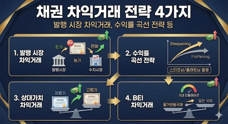채권 차익거래 전략 4가지: 발행 시장 차익거래, 수익률 곡선 전략 등을 설명하는 인포그래픽 썸네일입니다. 상단에는 &#039;채권 차익거래 전략 4가지&#039;라는 큰 제목과 &#039;발행 시장 차익거래, 수익률 곡선 전략 등&#039;이라는 부제가 있습니다. 그 아래 4개의 파란색 패널이 차례로 배치되어 각 전략을 설명합니다.