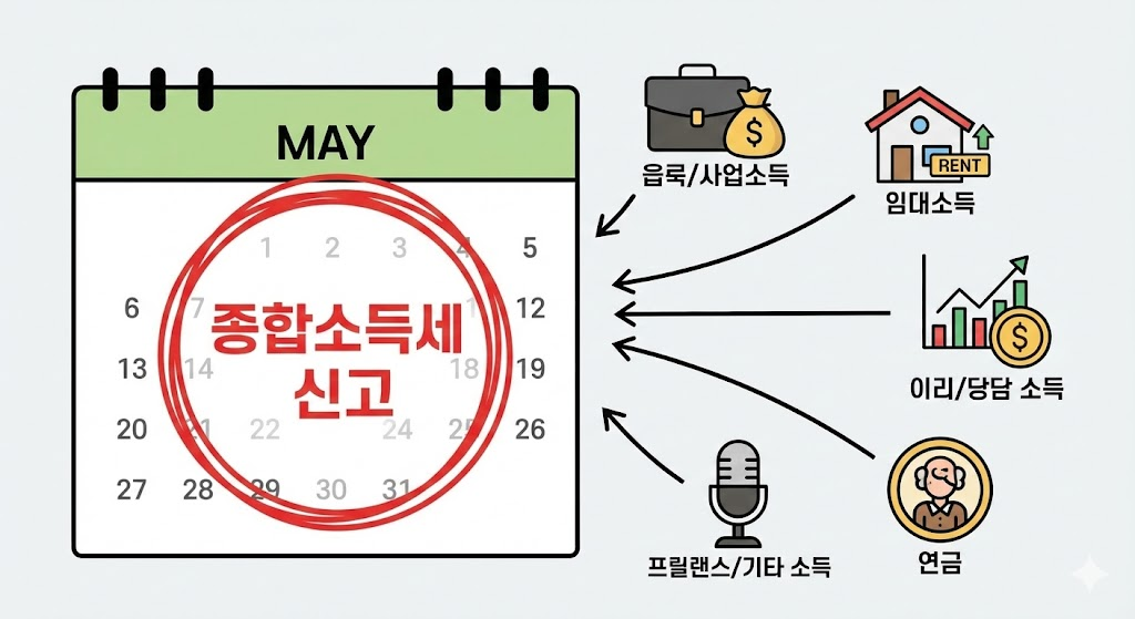 5월 달력에 '종합소득세 신고'가 빨간 동그라미로 표시되어 있고, 다양한 소득원 아이콘이 모이는 이미지