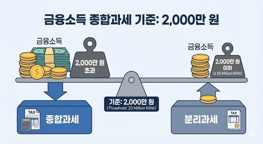 2,000만 원을 기준으로 분리과세와 종합과세가 갈리는 저울 인포그래픽