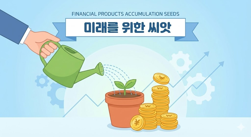 목돈 마련 금융상품 : 새싹에 물을 주며 동전이 쌓여가는 모습을 표현한 정책 일러스트