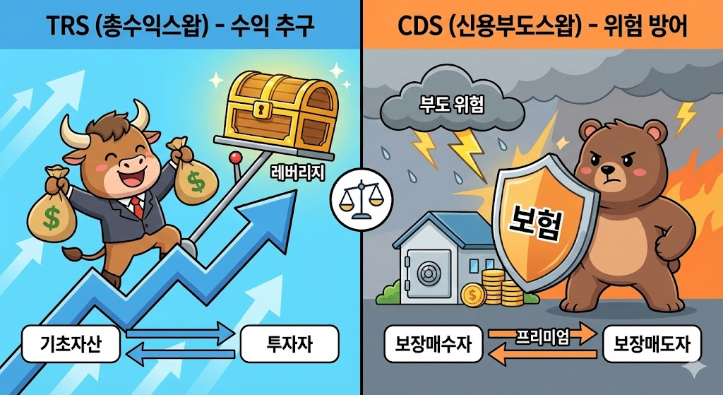수익을 추구하는 TRS와 방패로 위험을 막는 CDS의 개념을 대비시킨 인포그래픽