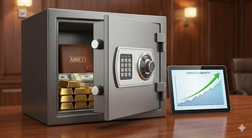 목돈 운영 금융상품 : 튼튼한 금고 안에 자산이 보관되어 있고 차트가 완만하게 오르는 모습