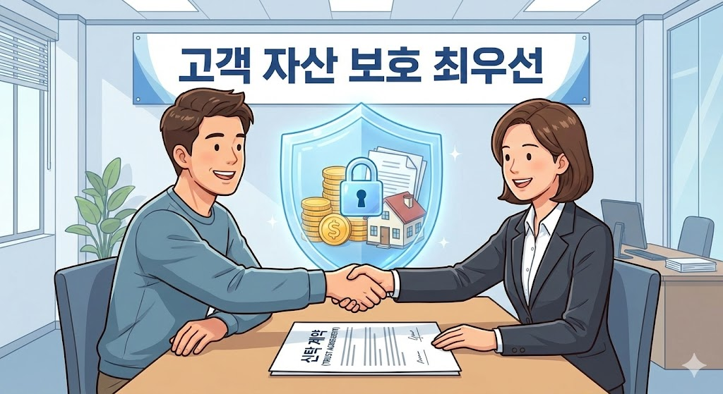 신탁상품(Trust) : 고객과 금융 전문가가 계약서를 두고 악수하며 자산이 보호막에 둘러싸인 모습을 표현한 정책 일러스트
