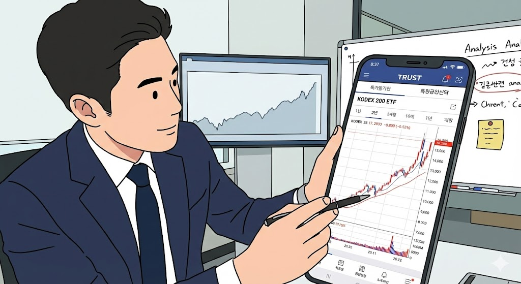스마트폰 화면의 ETF 차트와 이를 분석하는 전문가, 그리고 상승하는 그래프