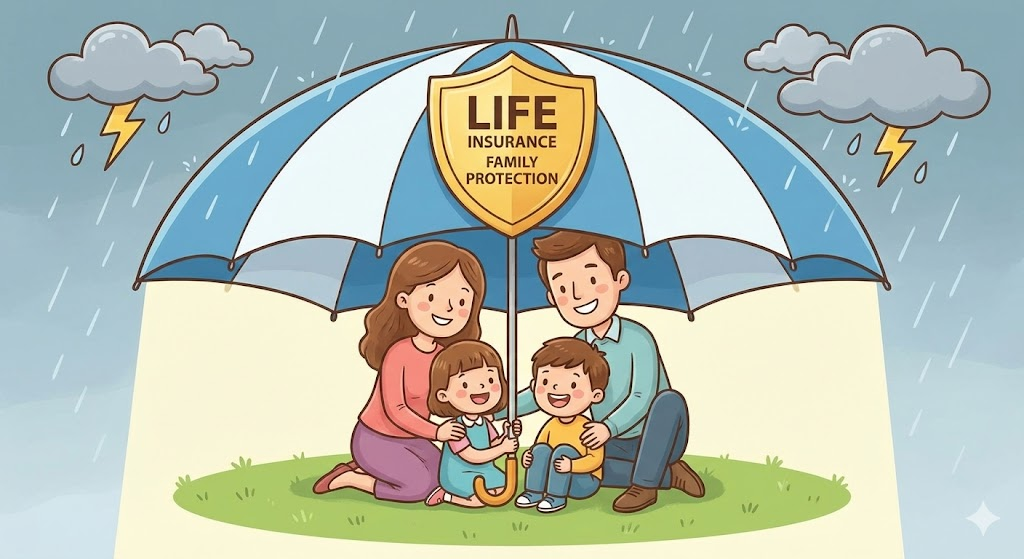 보험상품 : 거대한 우산 아래에서 안전하게 보호받는 가족의 모습과 생명보험 카툰 일러스트