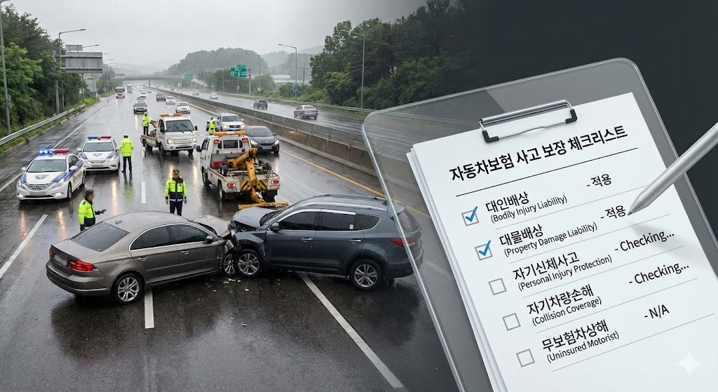 도로 위 자동차 사고 현장과 이를 처리하는 보험 약관 체크리스트 이미지