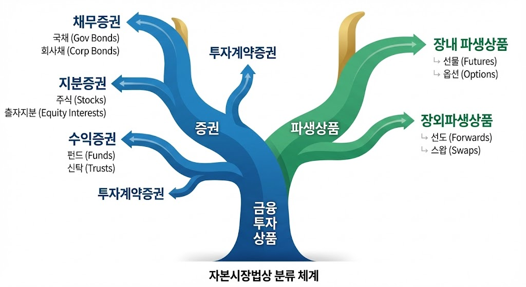 금융투자상품이 증권과 파생상품으로 갈라지고 다시 세부 상품으로 나뉘는 깔끔한 정책 인포그래픽