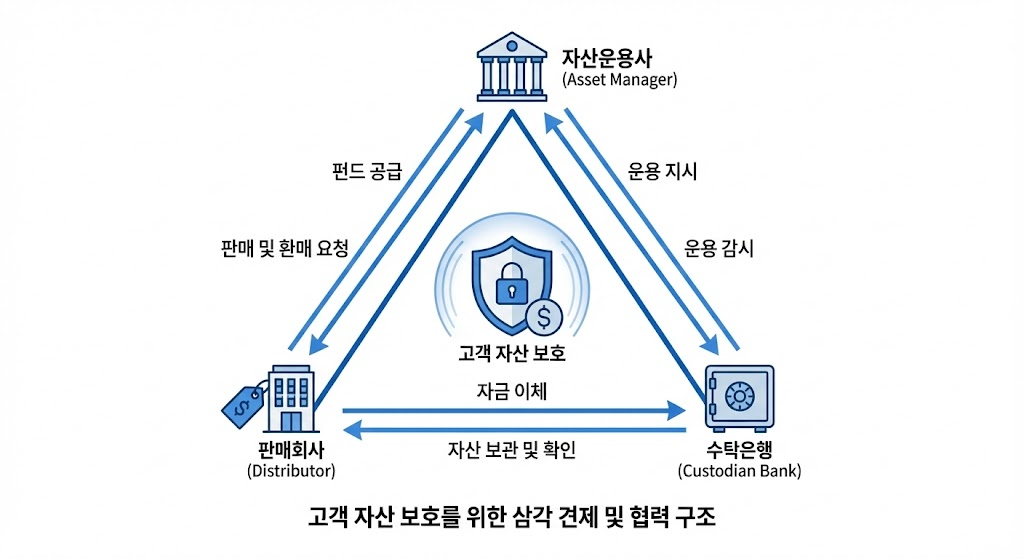집합투자기구 : 자산운용사, 수탁은행, 판매회사가 삼각형 구도로 연결되어 서로 견제하며 고객의 자산을 보호하는 다이어그램