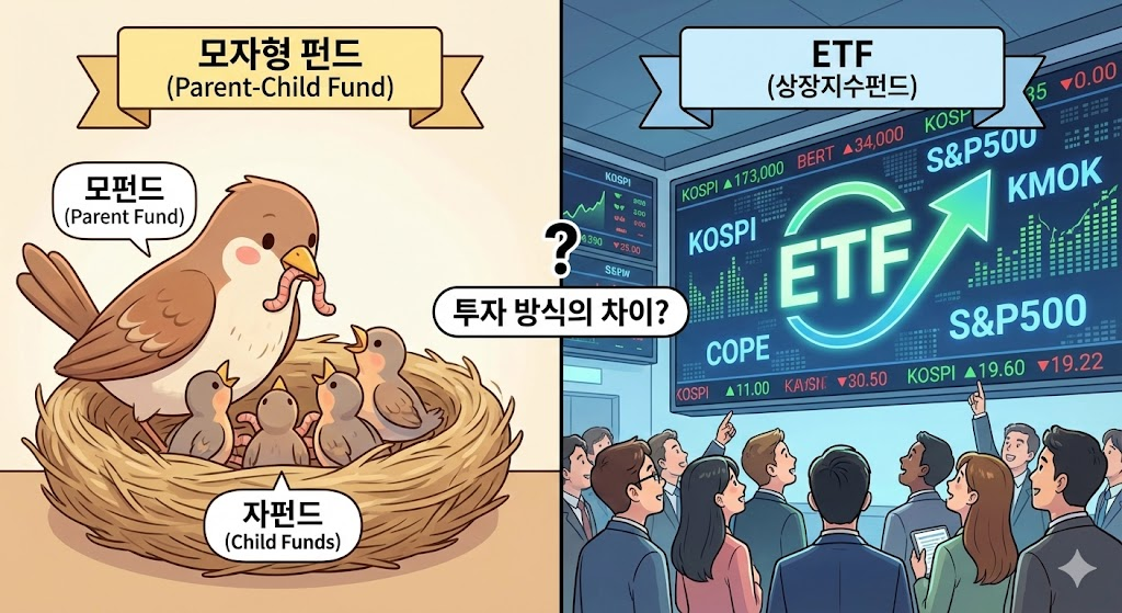어미 새가 아기 새에게 먹이를 주는 모자형 펀드와 주식 시장 전광판에 떠 있는 ETF 아이콘 일러스트