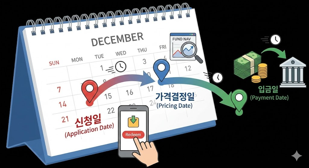 달력 위에 '신청일', '가격결정일', '입금일'이 순서대로 표시되고 시간이 흐르는 것을 표현한 인포그래픽