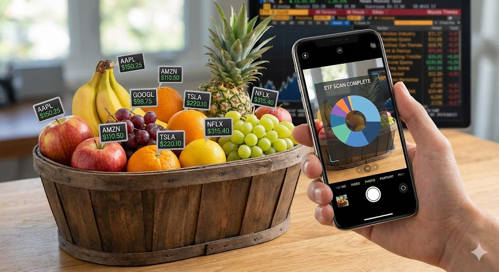 ETF : 여러 과일이 담긴 바구니에 주식 가격표가 붙어 있고 스마트폰으로 스캔하는 모습