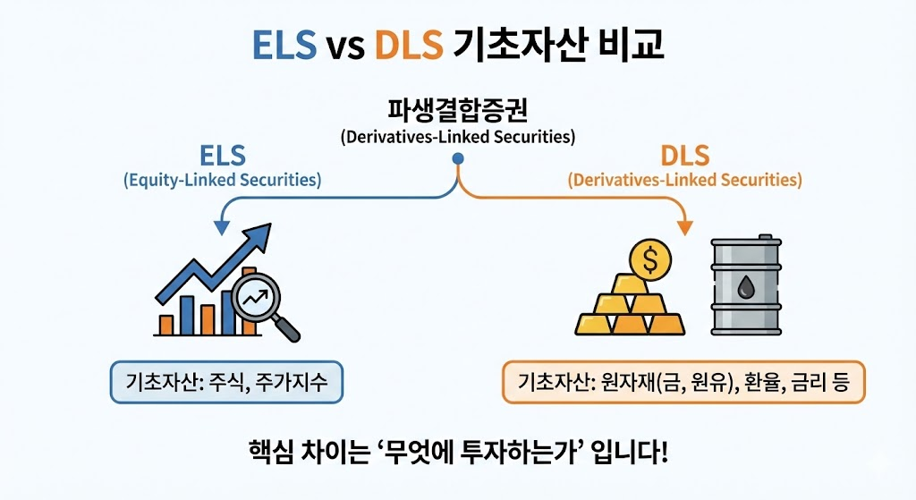 파생결합증권 : ELS는 주식 차트를 가리키고, DLS는 금괴와 드럼통(원유)을 가리키는 분기점 인포그래픽