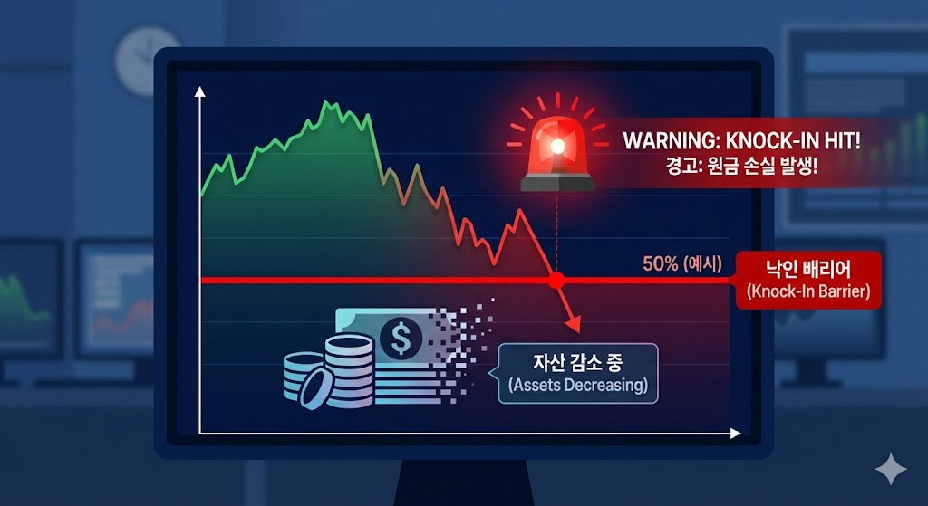 그래프가 하락하여 빨간색 낙인 선을 터치하자 경고등이 켜지고 자산이 줄어드는 모습