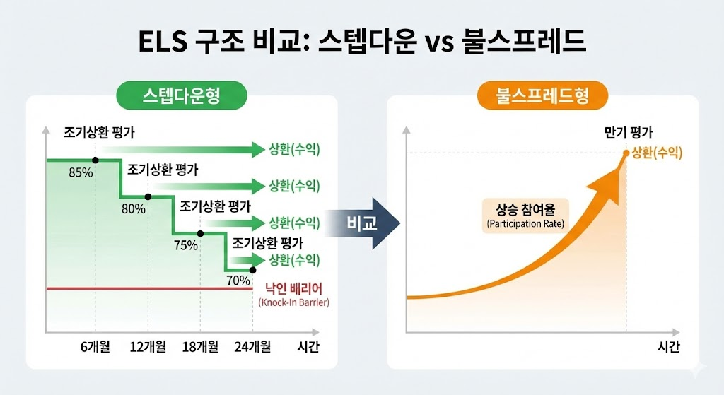 ELS : 계단식으로 내려가는 스텝다운 그래프와 상승 화살표가 그려진 불스프레드 그래프를 비교한 인포그래픽