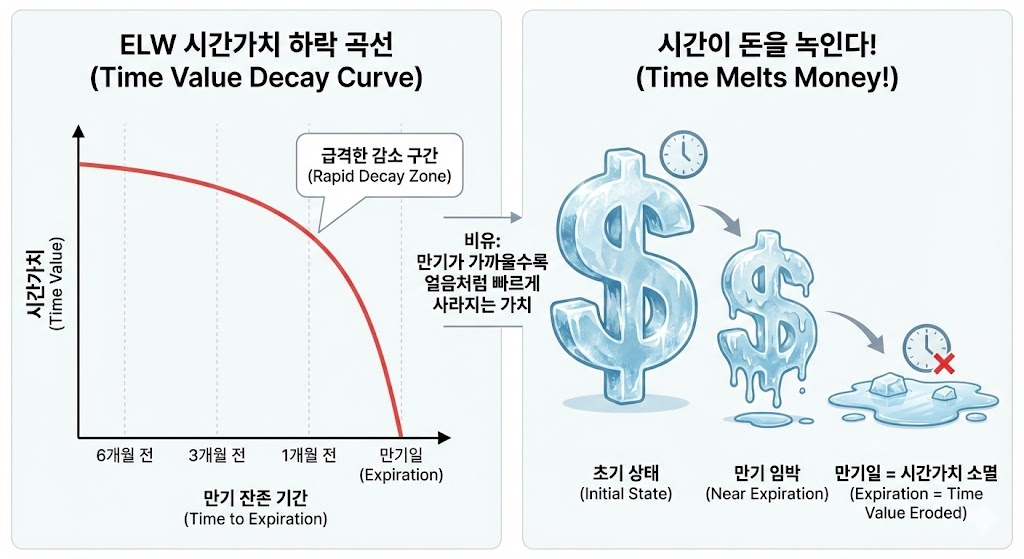 만기가 다가올수록 시간가치가 급격하게 줄어드는 하락 곡선 그래프, 녹아내리는 얼음